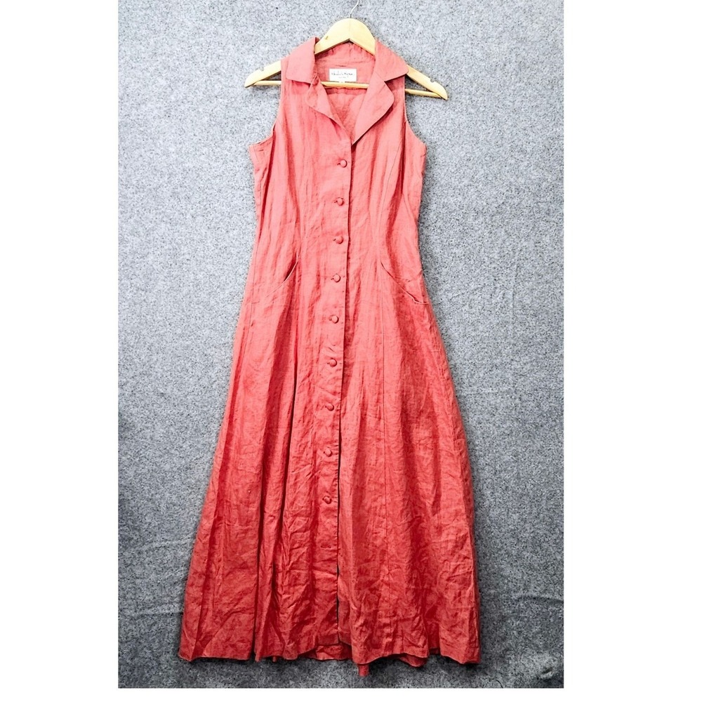 Linen Shirt Dress Button Shirt Womens S Coral Pink Maxi ELIZABETH WAYMAN 6 USA